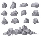 Cartoon stones. Rock stone isometric set. Granite boulders, natural building block shapes. 3d decoration isolated vector collection
