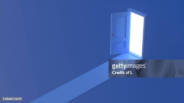 the door to success in blue space - walking illustration stock-fotos und bilder