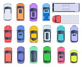 Top view cars. Auto transport, truck and car roof of vehicle transport. City traffic, automobile transportation flat vector set