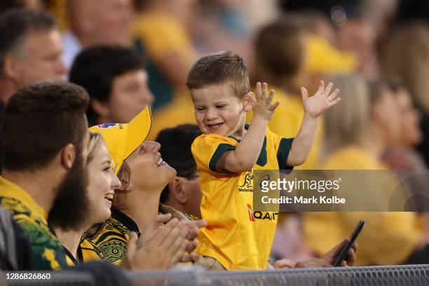 Young Wallabies fan shows his support during the 2020 Tri-Nations match between the Australian Wallabies and the Argentina Pumas at McDonald Jones...
