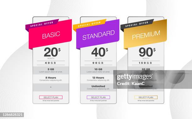 pricing packages comparison stock illustration. pricing table. tariff plans comparison. recommended tariffs, price list banners and prices plan template vector illustration stock illustration - table numbers stock illustrations