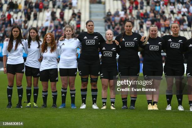 Black ferns with ball girls during the match between the New Zealand Black Ferns and the New Zealand Barbarians at Trafalgar Park on November 21,...