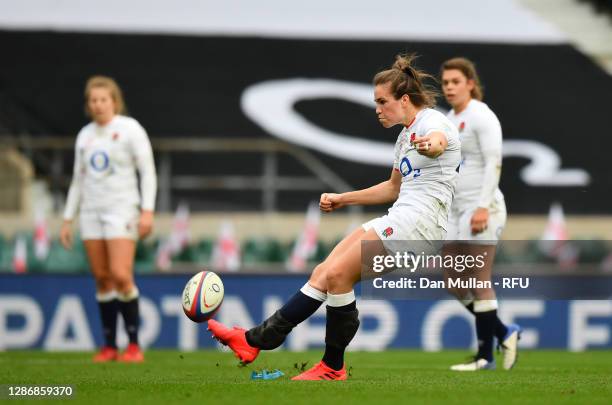 Emily Scarratt of England kicks a penalty in the final play of the game to win the Autumn International match between England Women and France Women...