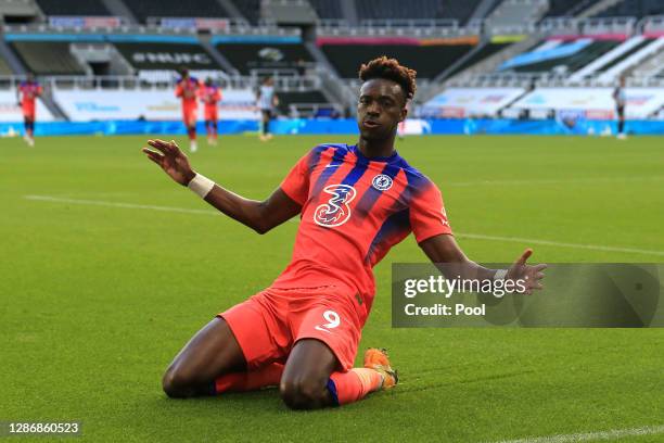 Tammy Abraham of Chelsea celebrates after scoring his team's second goal during the Premier League match between Newcastle United and Chelsea at St....