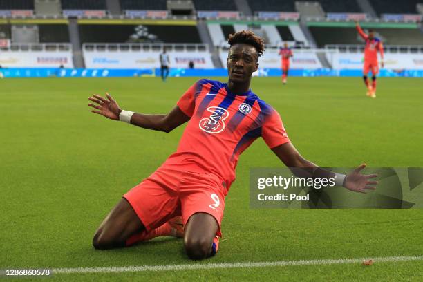 Tammy Abraham of Chelsea celebrates after scoring his team's second goal during the Premier League match between Newcastle United and Chelsea at St....