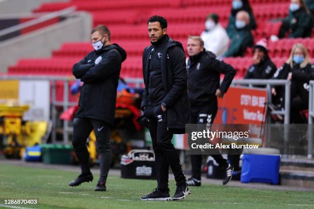 Liam Rosenior, co-interim Manager of Derby County looks on during the Sky Bet Championship match between Bristol City and Derby County at Ashton Gate...