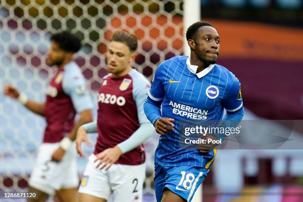 Danny Welbeck of Brighton and Hove Albion celebrates after scoring his team's first goal during the Premier League match between Aston Villa and...