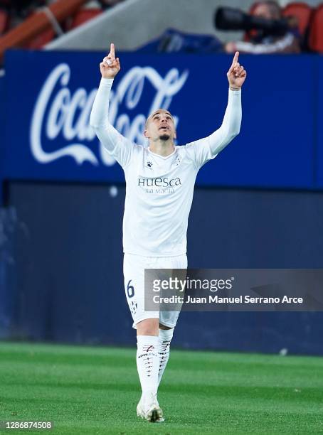 Sandro Ramirez of SD Huesca celebrates after scoring goal during the La Liga Santander match between C.A. Osasuna and SD Huesca at Estadio El Sadar...