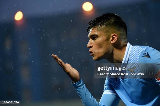 Joaquin Correa of SS Lazio celebrates a second goal during the Serie A match between FC Crotone and SS Lazio at Stadio Comunale Ezio Scida on...