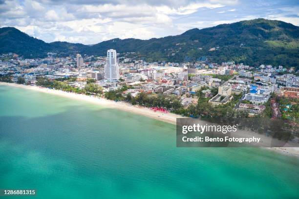 panoramic aerial view of patong beach, phuket, thailand - phuket - fotografias e filmes do acervo