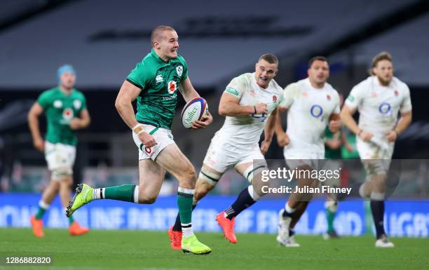 Jacob Stockdale of Ireland breaks away to score their sides first try during the England v Ireland Quilter International match, part of the Autumn...