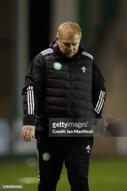 Neil Lennon, Manager of Celtic looks dejected following the Ladbrokes Scottish Premiership match between Hibernian and Celtic at Easter Road on...