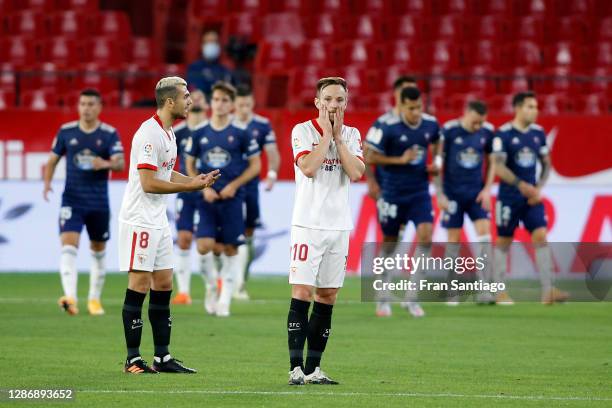 Ivan Rakitic of Sevilla looks dejected as his team concede a second goal during the La Liga Santander match between Sevilla FC and RC Celta at...