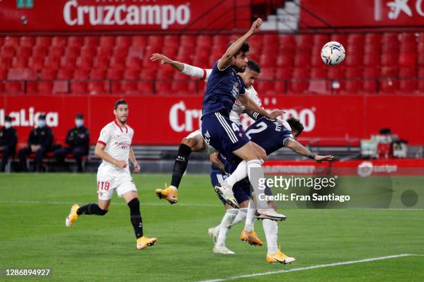 Youssef En-Nesyri of Sevilla scores his team's second goal during the La Liga Santander match between Sevilla FC and RC Celta at Estadio Ramon...