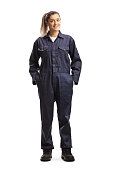 Full length portrait of a female worker in an overall uniform