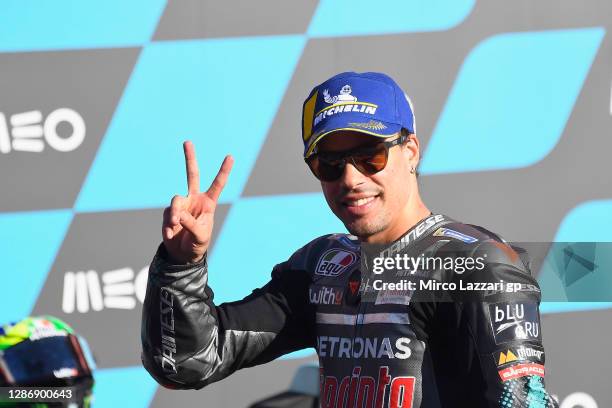 Franco Morbidelli of Italy and Petronas Yamaha SRT celebrates the second place at the end of the MotoGP qualifying practice during the qualifying for...