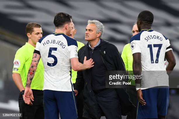 Jose Mourinho, Manager of Tottenham Hotspur speaks with Pierre-Emile Hojbjerg of Tottenham Hotspur following the Premier League match between...