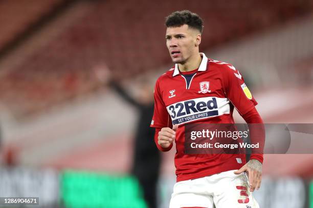 Marvin Johnson of Middlesborough looks on during the Sky Bet Championship match between Middlesbrough and Norwich City at Riverside Stadium on...