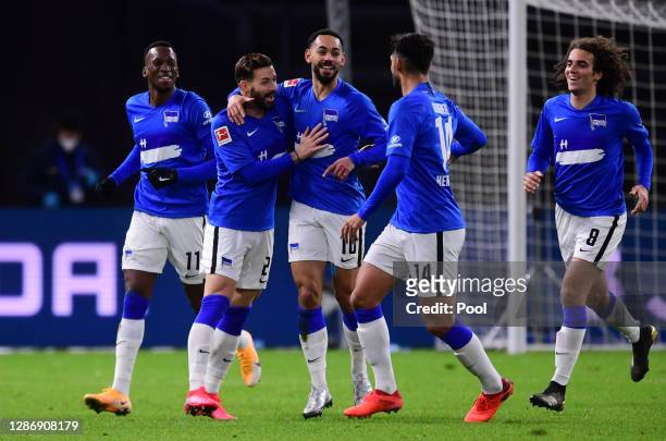 Matheus Cunha of Berlin celebrates his team's first goal with teammates during the Bundesliga match between Hertha BSC and Borussia Dortmund at...