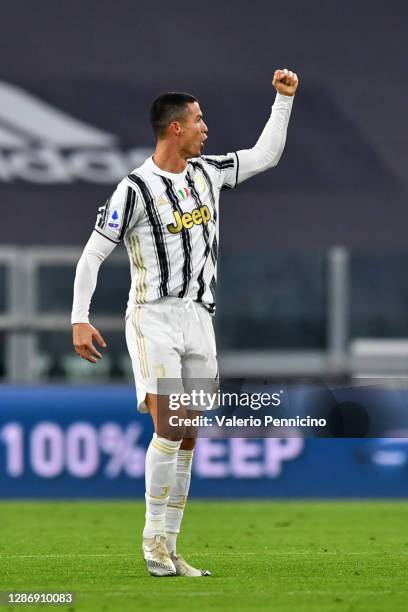 Cristiano Ronaldo of Juventus celebrates after scoring his team's first goal during the Serie A match between Juventus and Cagliari Calcio at Allianz...