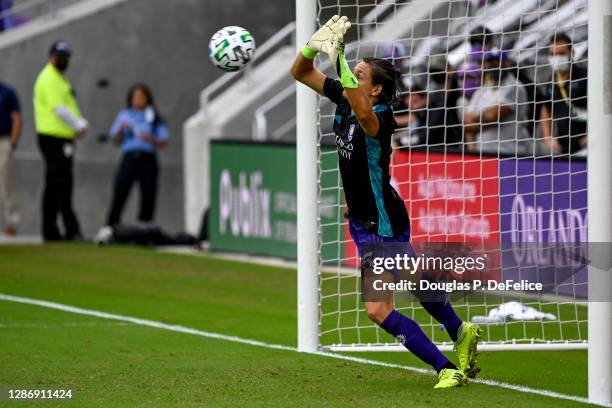 Rodrigo Schlegel of Orlando City SC makes a save in net after having to substitute for Pedro Gallese , who received a red card during penalty kicks...