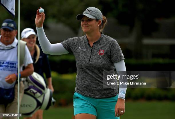 Ally McDonald reacts to a hole in one on the 12th hole during round 3 of the Pelican Women's Championship at Pelican Golf Club on November 21, 2020...