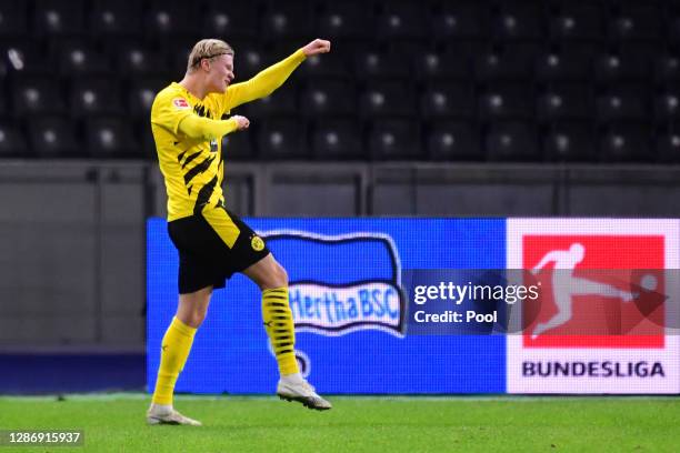 Erling Haaland of Dortmund celebrates his team's fifth and his personal fourth goal during the Bundesliga match between Hertha BSC and Borussia...