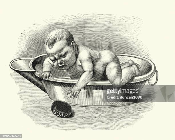 baby in badewanne, die nach seifenriegeln greift, viktorianischen 19. jahrhundert - barbade stock-grafiken, -clipart, -cartoons und -symbole