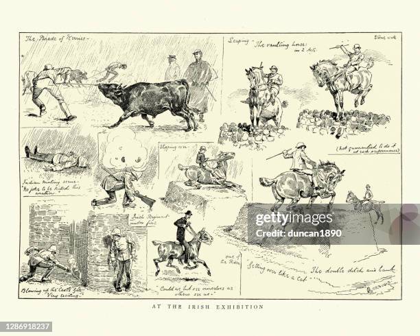 stockillustraties, clipart, cartoons en iconen met schetsen van de ierse tentoonstelling, 1888, cattlle, paardrijden, soldaten - military