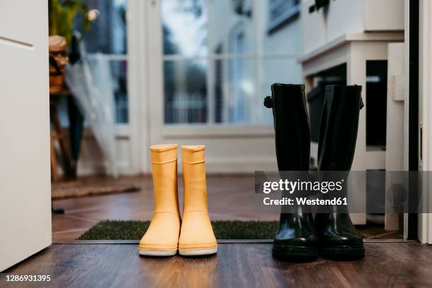 jump boot on floor at home entrance - wellington boot stockfoto's en -beelden