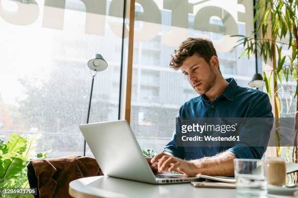 young businessman working on laptop at table in restaurant - café homme vitre photos et images de collection