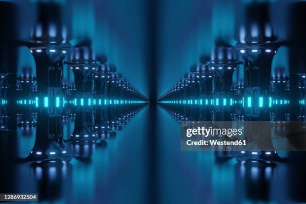 three dimensional render of rows of columns along blue futuristic corridor inside spaceship or space station - spaceship inside stock illustrations