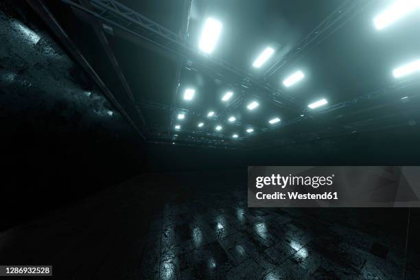 three dimensional render of dark empty warehouse - ungarn stock-grafiken, -clipart, -cartoons und -symbole