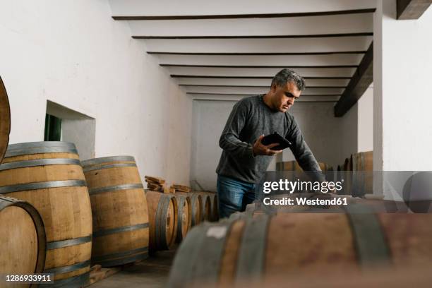 winemaker holding digital tablet while examining wine barrels at cellar - ワイン醸造業者 ストックフォトと画像