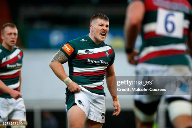 Facundo Gigena of Leicester Tigers reacts during the Gallagher Premiership Rugby match between Leicester Tigers and Gloucester at Welford Road on...