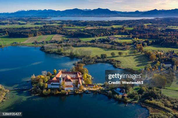 germany, bavaria, seeon-seebruck, aerial view ofseeon lakes andseeon abbey - monasterio seeon fotografías e imágenes de stock