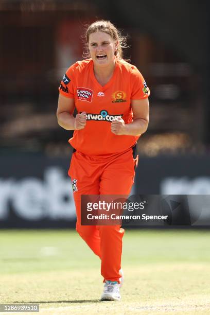 Samantha Betts of the Scorchers celebrates dismissing Laura Wolvaardt of the Strikers during the Women's Big Bash League WBBL match between the Perth...