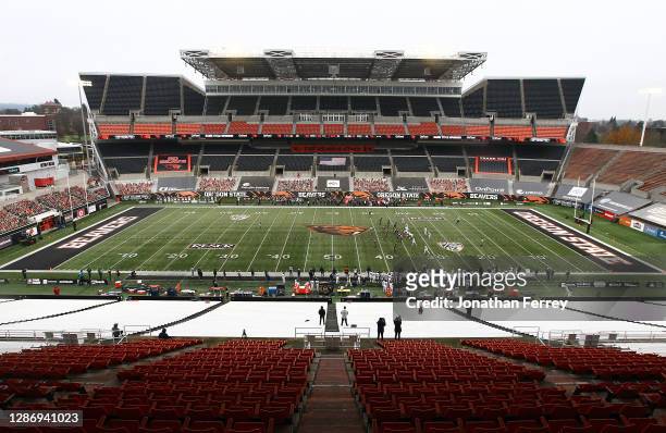 General view of the empty stadium during the game between the California Golden Bears and the Oregon State Beavers at Reser Stadium on November 21,...