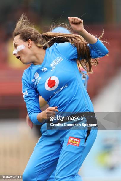 Alex Price of the Strikers celebrates dismissing Amy Jones of the Scorchers during the Women's Big Bash League WBBL match between the Perth Scorchers...