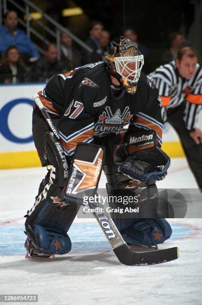 Olaf Kolzig of the Washington Capitals skates against the Toronto Maple Leafs during NHL game action on November 29, 1999 at Air Canada Centre in...