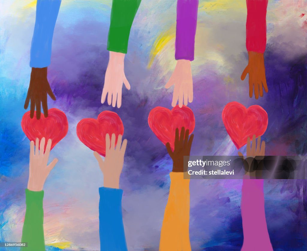 Manos dando y recibiendo corazones rojos. concepto de amor y cuidado. Pintura acrílica.