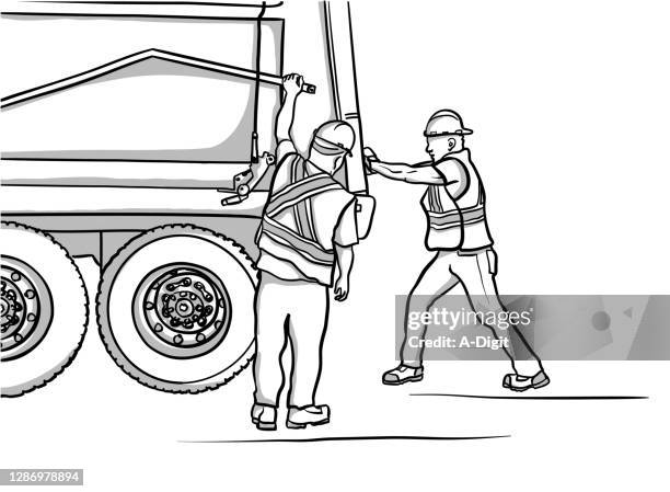stockillustraties, clipart, cartoons en iconen met garbage truck workers geen automatisering - vuilnisman
