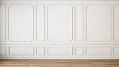 Modern classic white empty interior with wall panels molding and wooden floor. 3d render illustration mock up.
