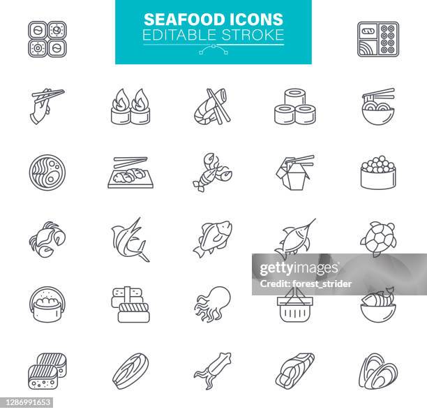 illustrazioni stock, clip art, cartoni animati e icone di tendenza di set icone frutti di mare - marlin