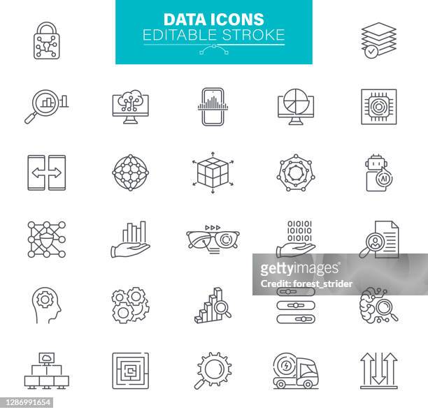 ilustraciones, imágenes clip art, dibujos animados e iconos de stock de trazo editable de iconos de datos. el conjunto contiene iconos como datos, infografía, big data, cloud computing, machine learning, sistema de seguridad - analizzare