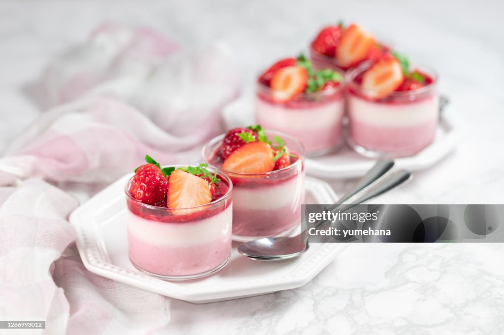 Traditional italian dessert vanilla strawberry panna cotta