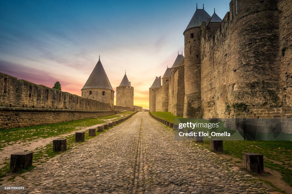 Walls of Carcassonne at sunrise
