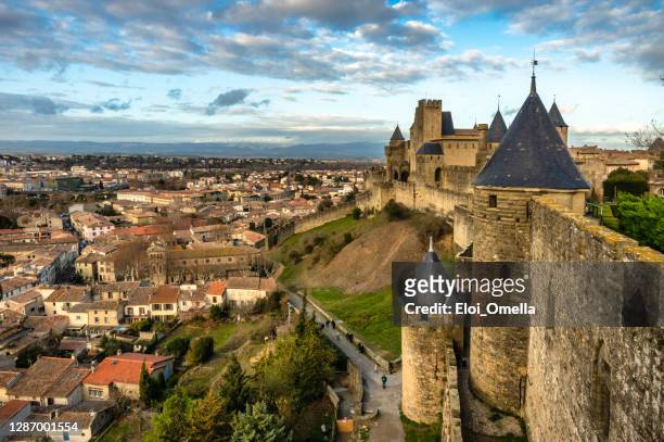walls of carcassonne - aude stock pictures, royalty-free photos & images