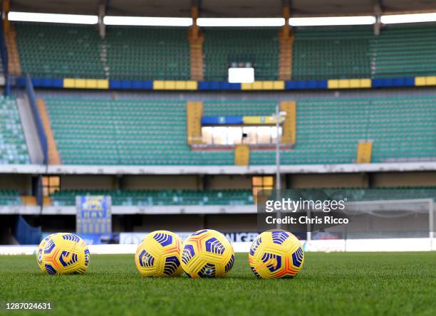 Detailed view of training balls on the pitch prior to kick off during the Serie A match between Hellas Verona FC and US Sassuolo at Stadio...