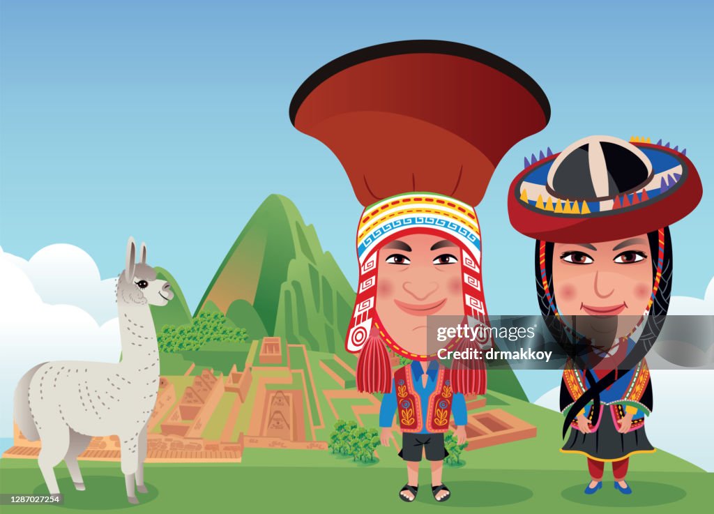 Machu Picchu, Peruvian woman and man